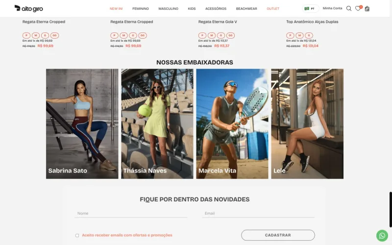 E-commerce da Alto Giro exibindo a seção de embaixadoras da marca e produtos de moda fitness