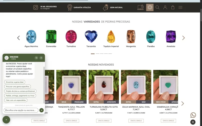 E-commerce da ENE2ESE com variedades de pedras preciosas, produtos e chatbot de atendimento aberto