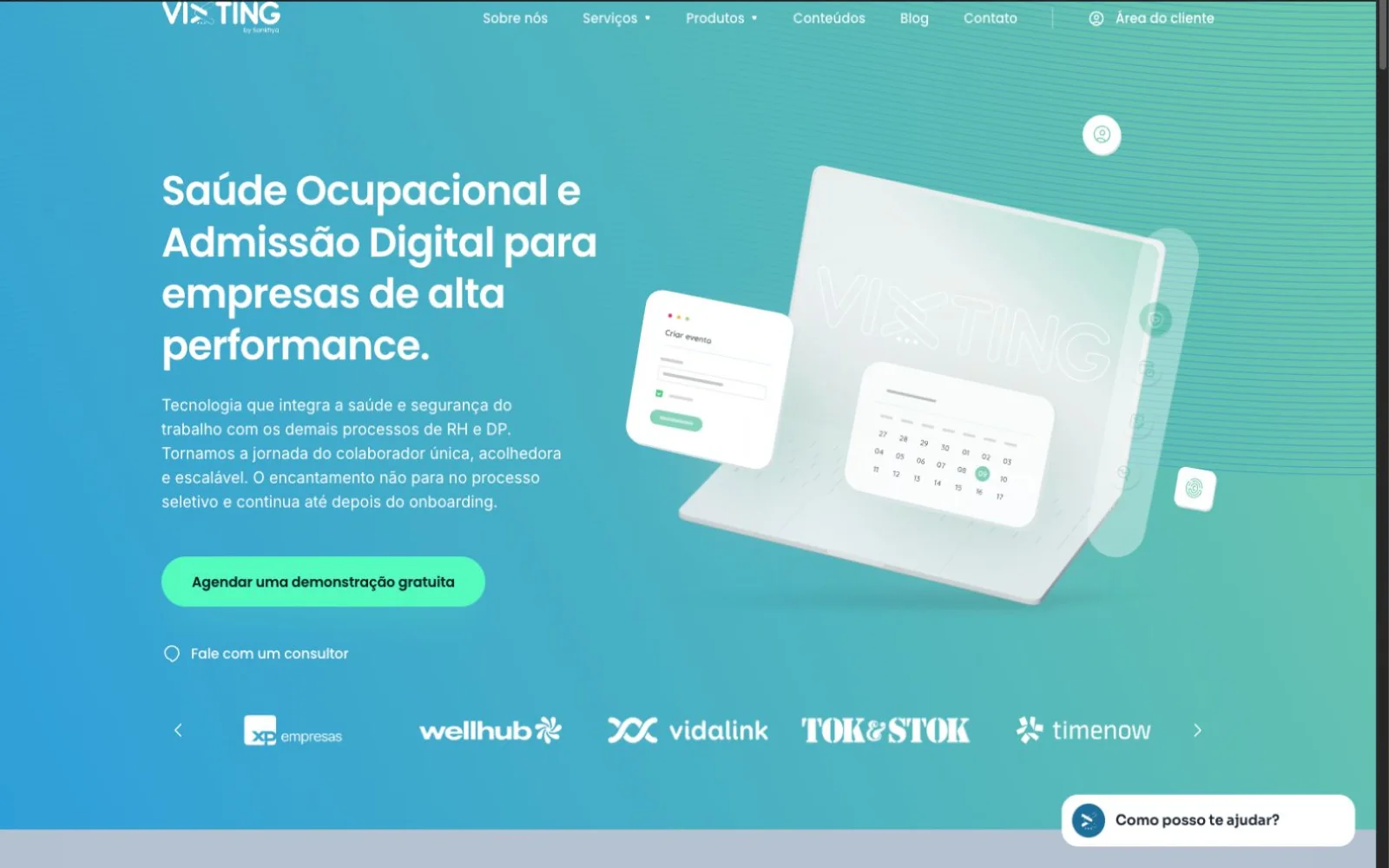 Vixting home page presenting occupational health, digital onboarding and access to the customer service chatbot