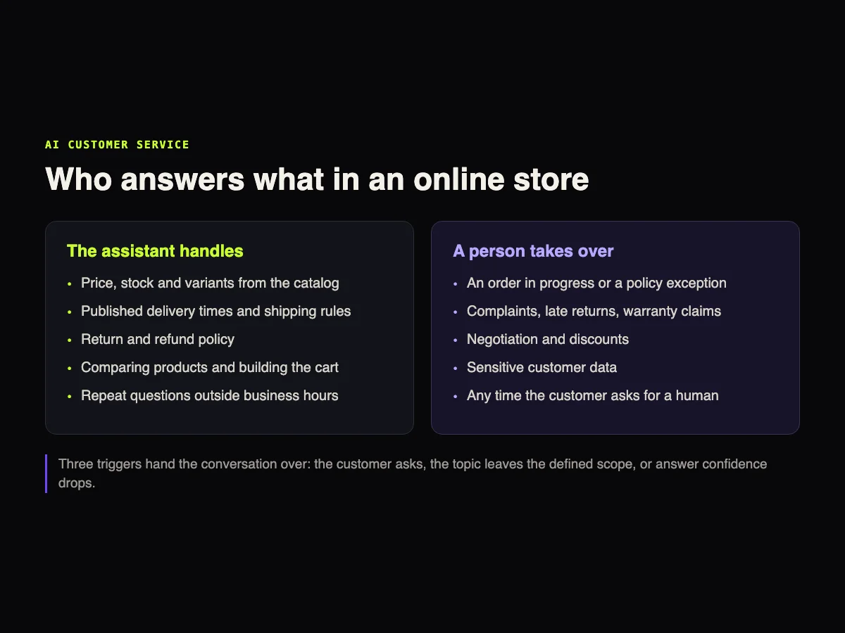 Two-column diagram comparing what an AI assistant handles and what needs a person in ecommerce customer service