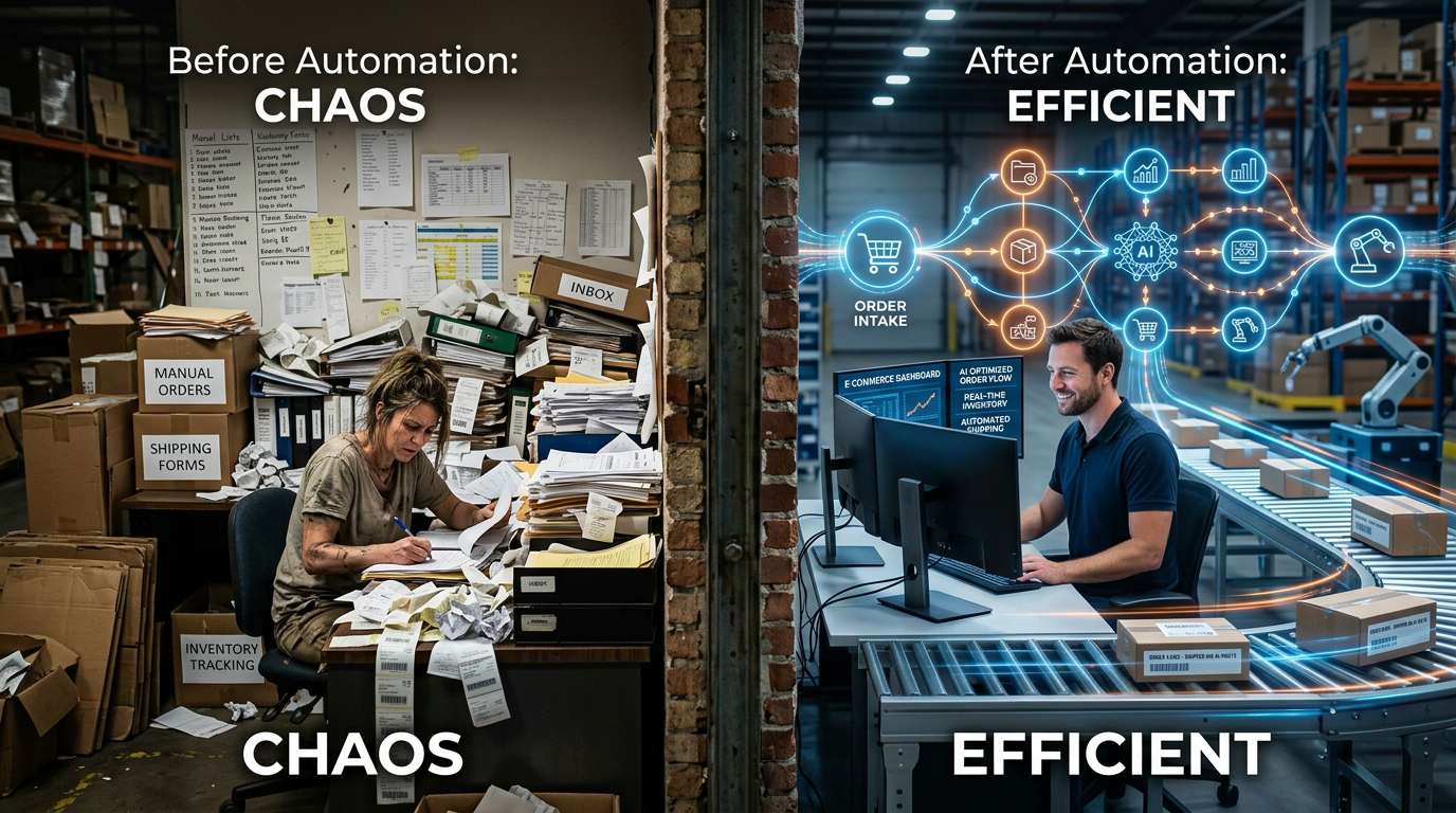 Fluxo antes e depois da automacao de um ecommerce com IA