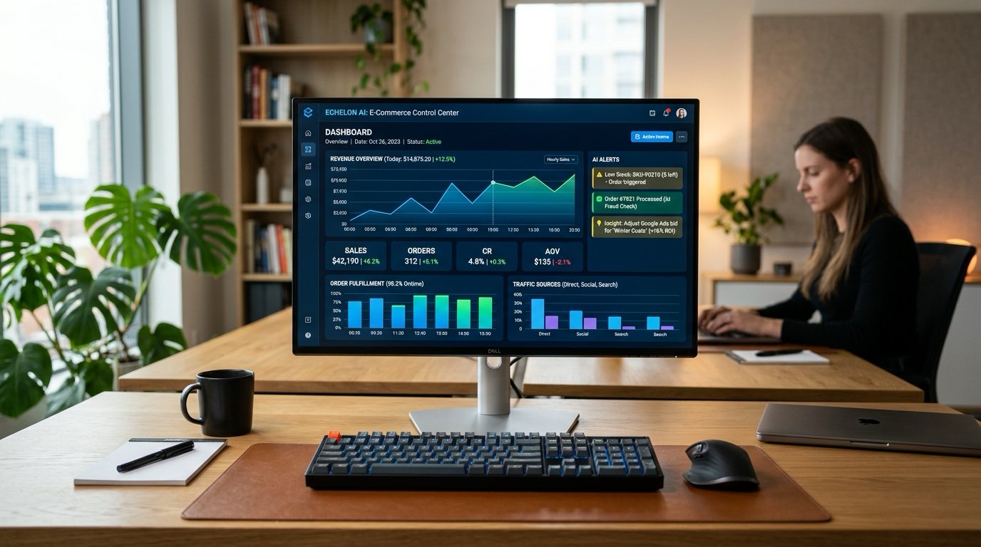 Dashboard de automacao e-commerce com IA mostrando alertas e KPIs