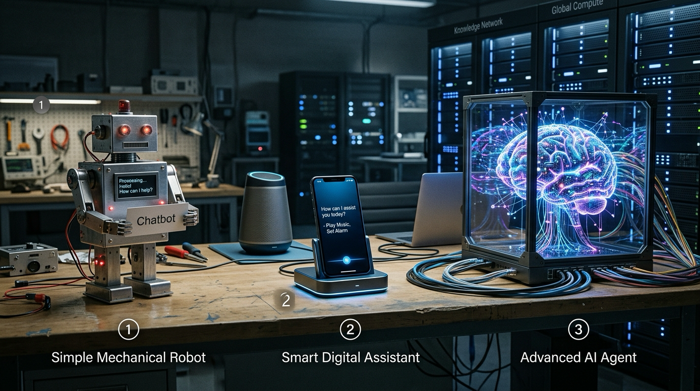 Comparacao visual entre chatbot tradicional, chatbot com IA e agente de IA