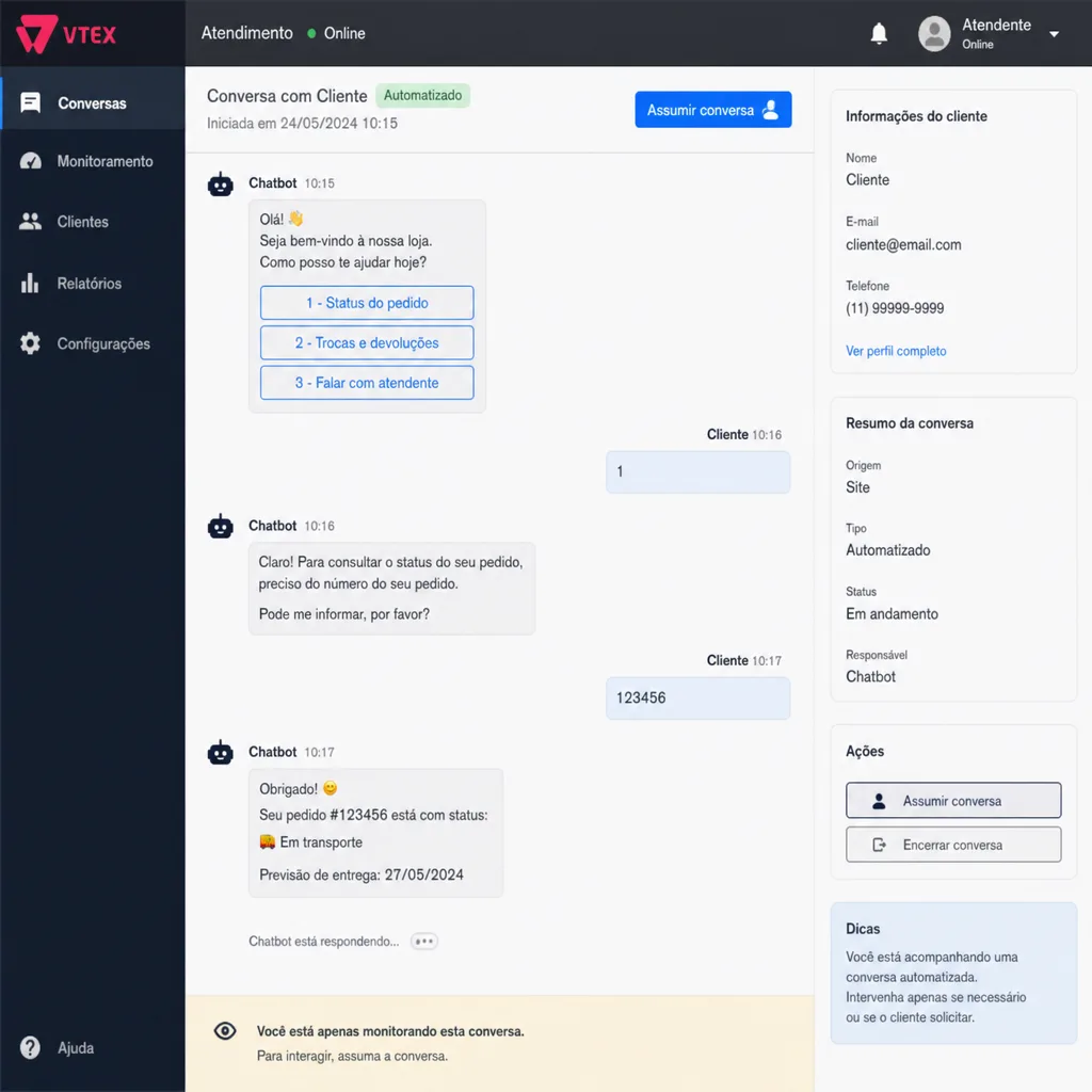 Agent monitoring automated conversations for a VTEX store