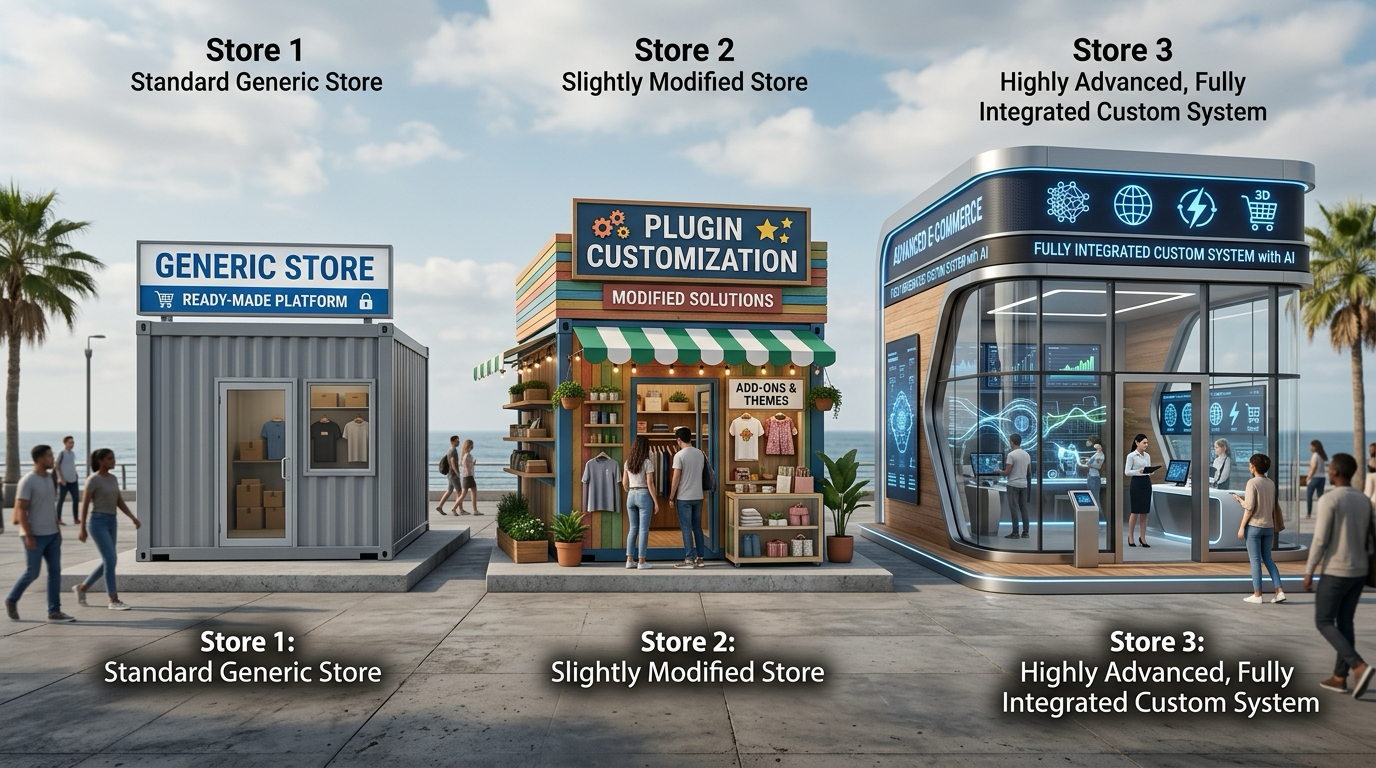 Comparacao visual entre plataforma pronta, plugin personalizado e sistema próprio para e-commerce