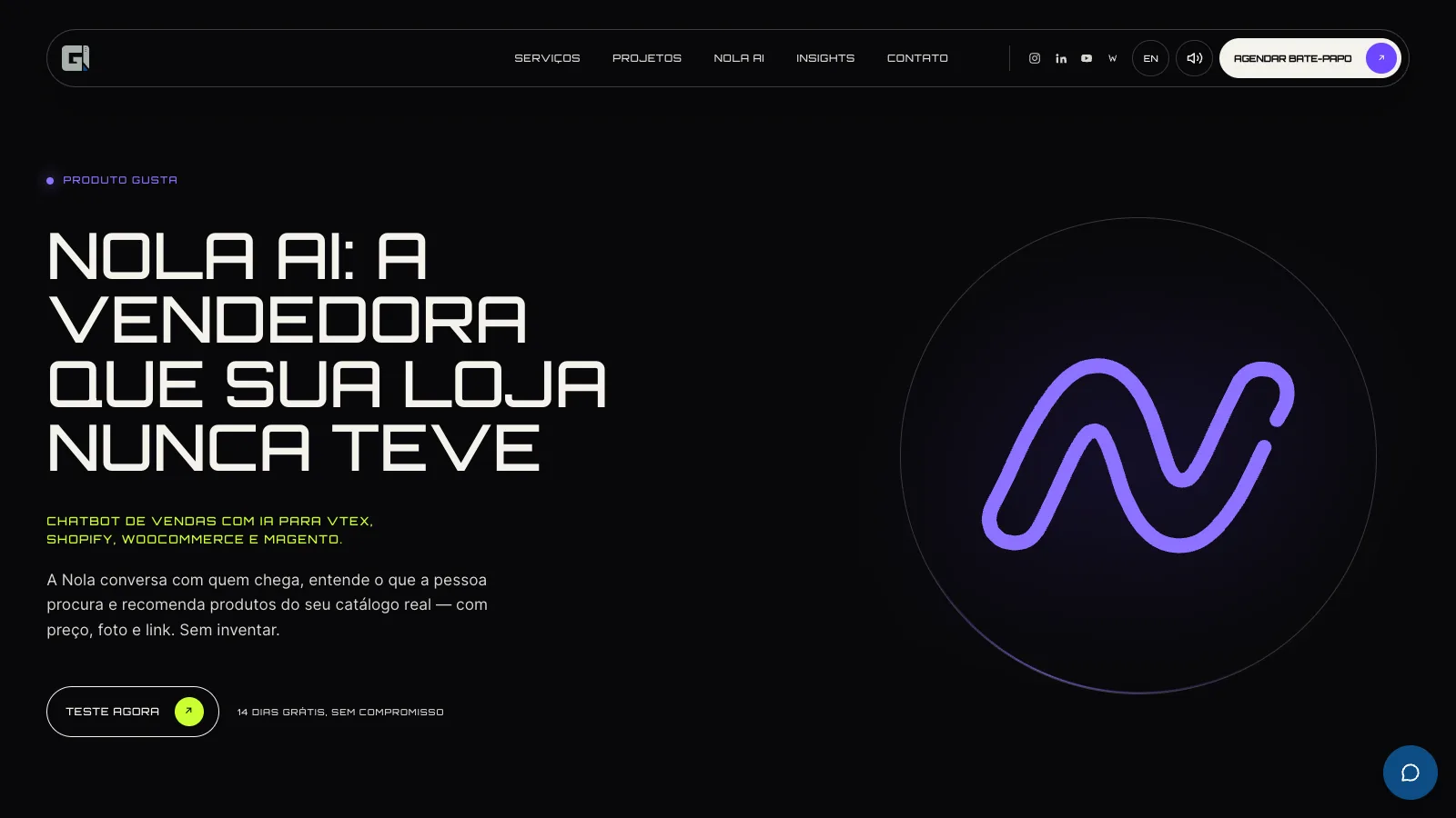 Página da Nola AI, SaaS de assistente de vendas com IA para VTEX, Shopify, WooCommerce e Magento