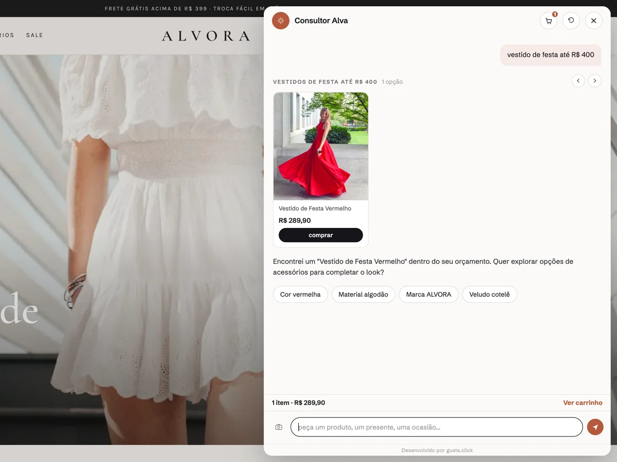 Nola AI em uma loja de demonstração: vestidos recomendados e item adicionado ao carrinho dentro do chat