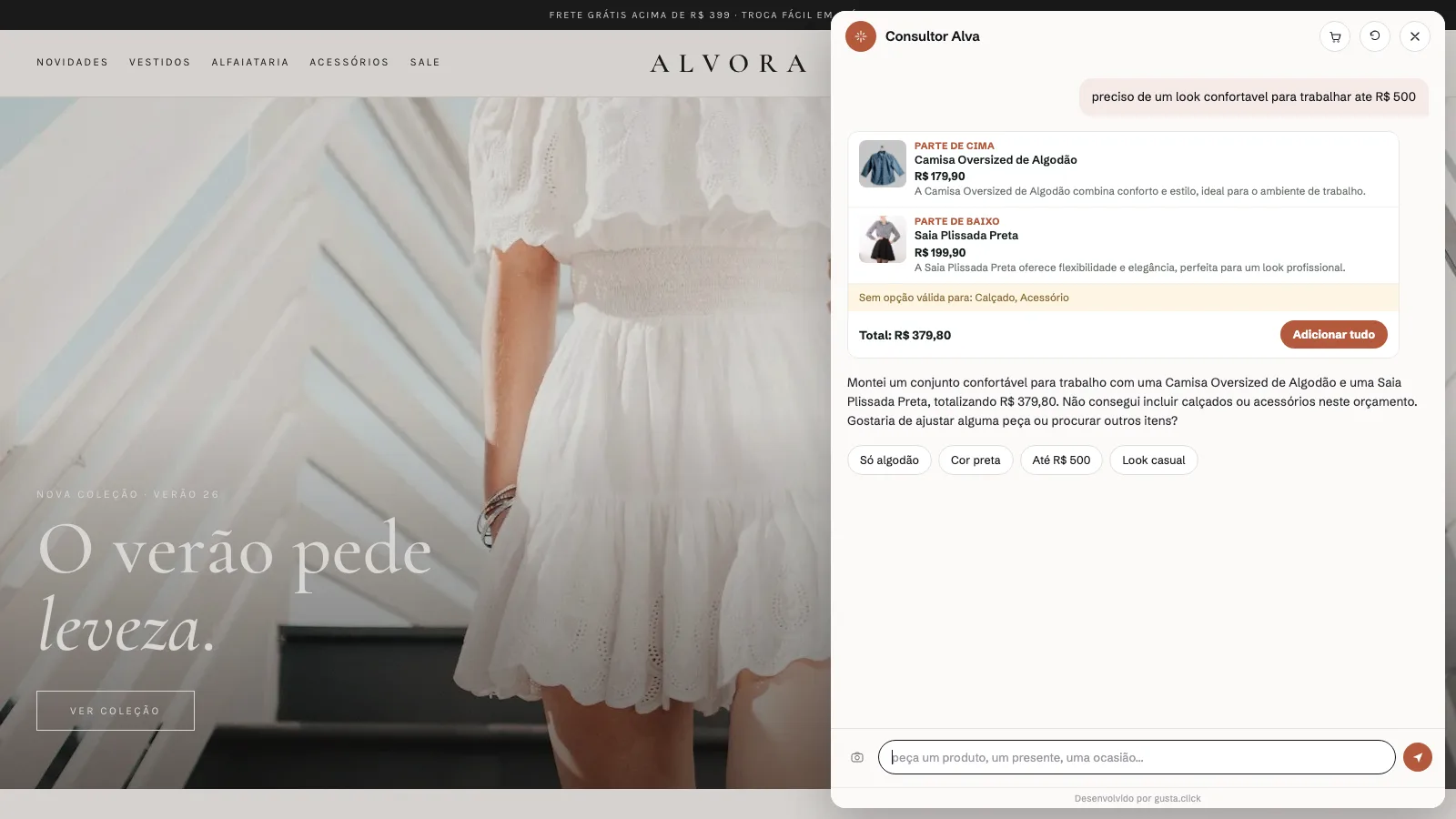 AI assistant assembling a work outfit with a shirt and a skirt from the catalog, totalling R$ 379.80, and warning that no shoes fit the budget