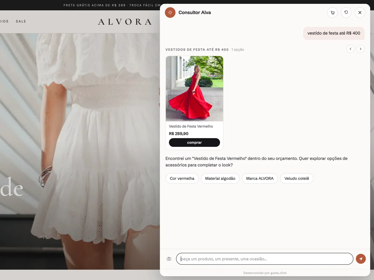 Nola AI respondendo 'vestido de festa até R$ 400' com o produto certo do catálogo e o preço real