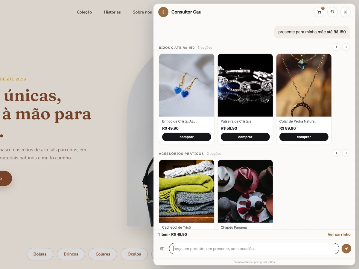 Nola AI adicionando um brinco ao carrinho dentro do chat em uma loja de acessórios