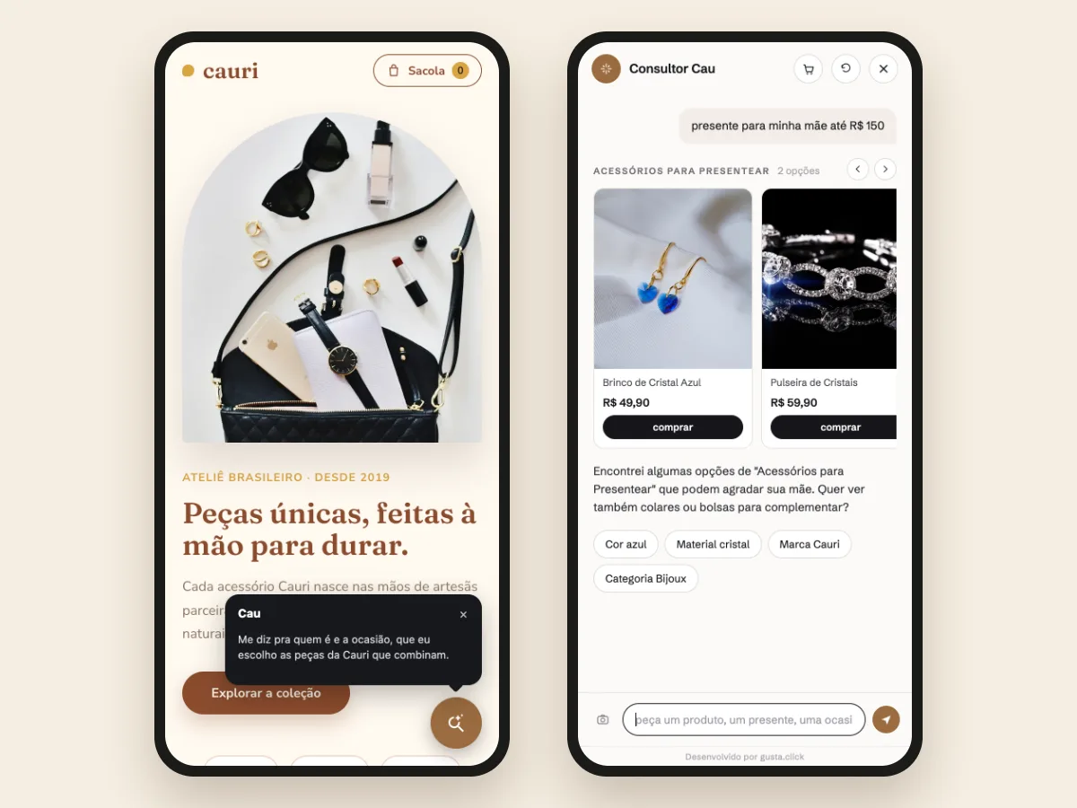 Dois celulares mostrando a mesma loja: à esquerda o botão do chat fechado, à direita o assistente aberto com sugestões de presente