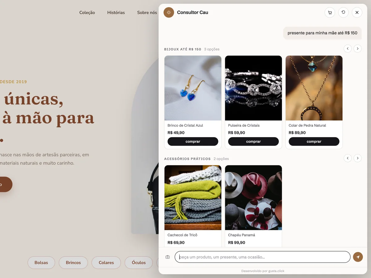 Nola AI recomendando presentes até R$ 150 em dois grupos, a partir do catálogo real
