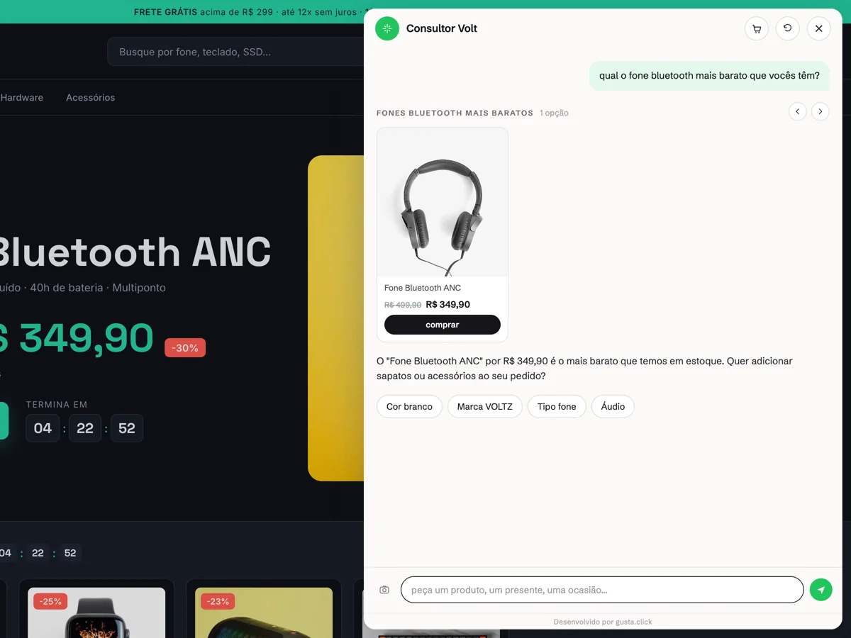 Nola AI respondendo qual é o fone bluetooth mais barato da loja, com o preço real do catálogo