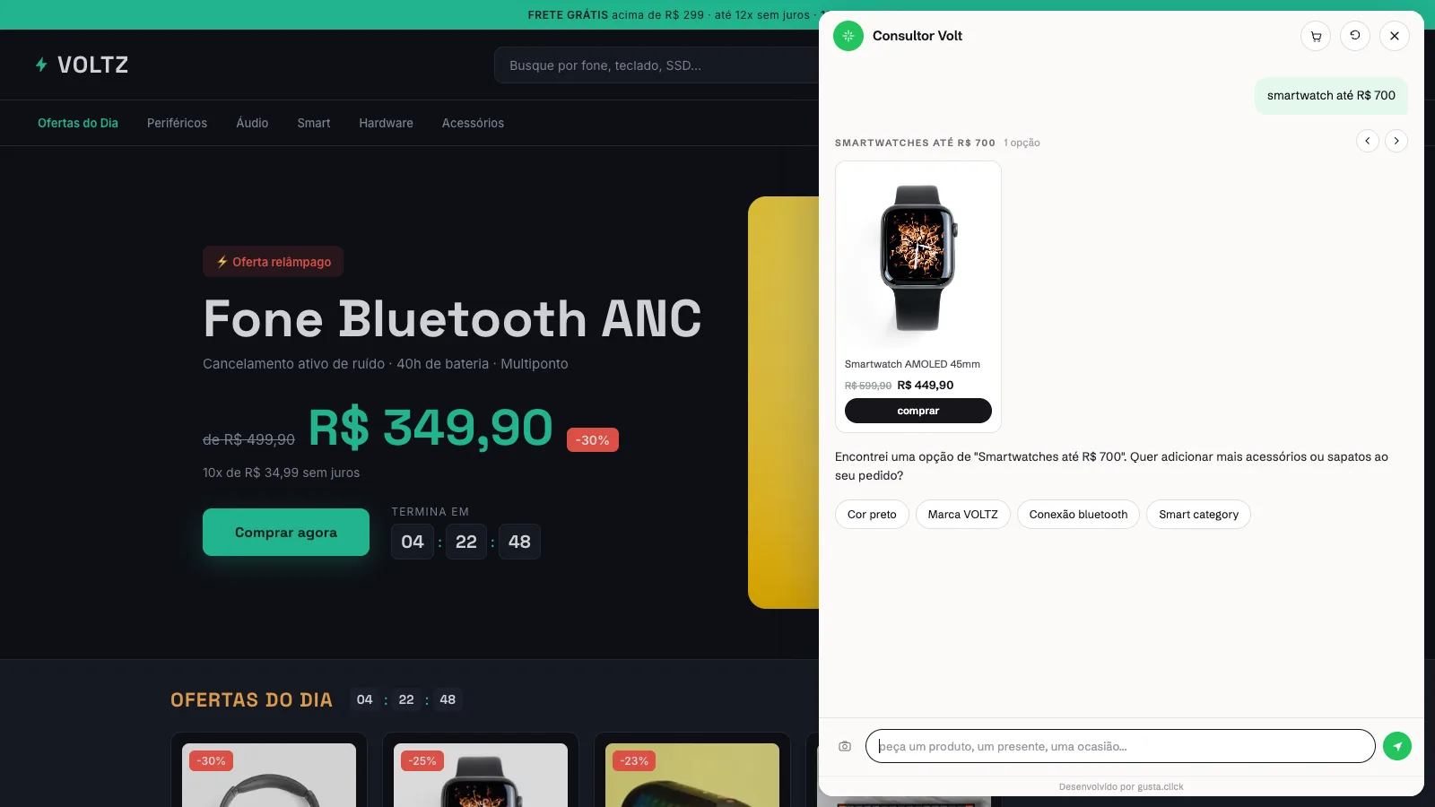 Assistente de IA respondendo um pedido de smartwatch até R$ 700 com um produto do catálogo e o preço atual