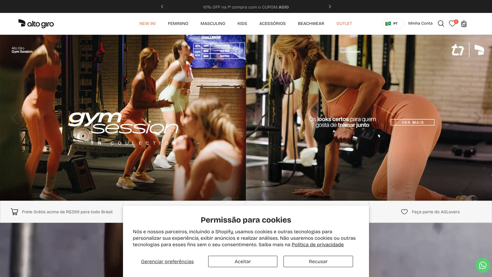 Loja da Alto Giro, cliente da GUSTA, com o aviso de cookies mostrando as opções aceitar, recusar e gerenciar preferências com o mesmo destaque
