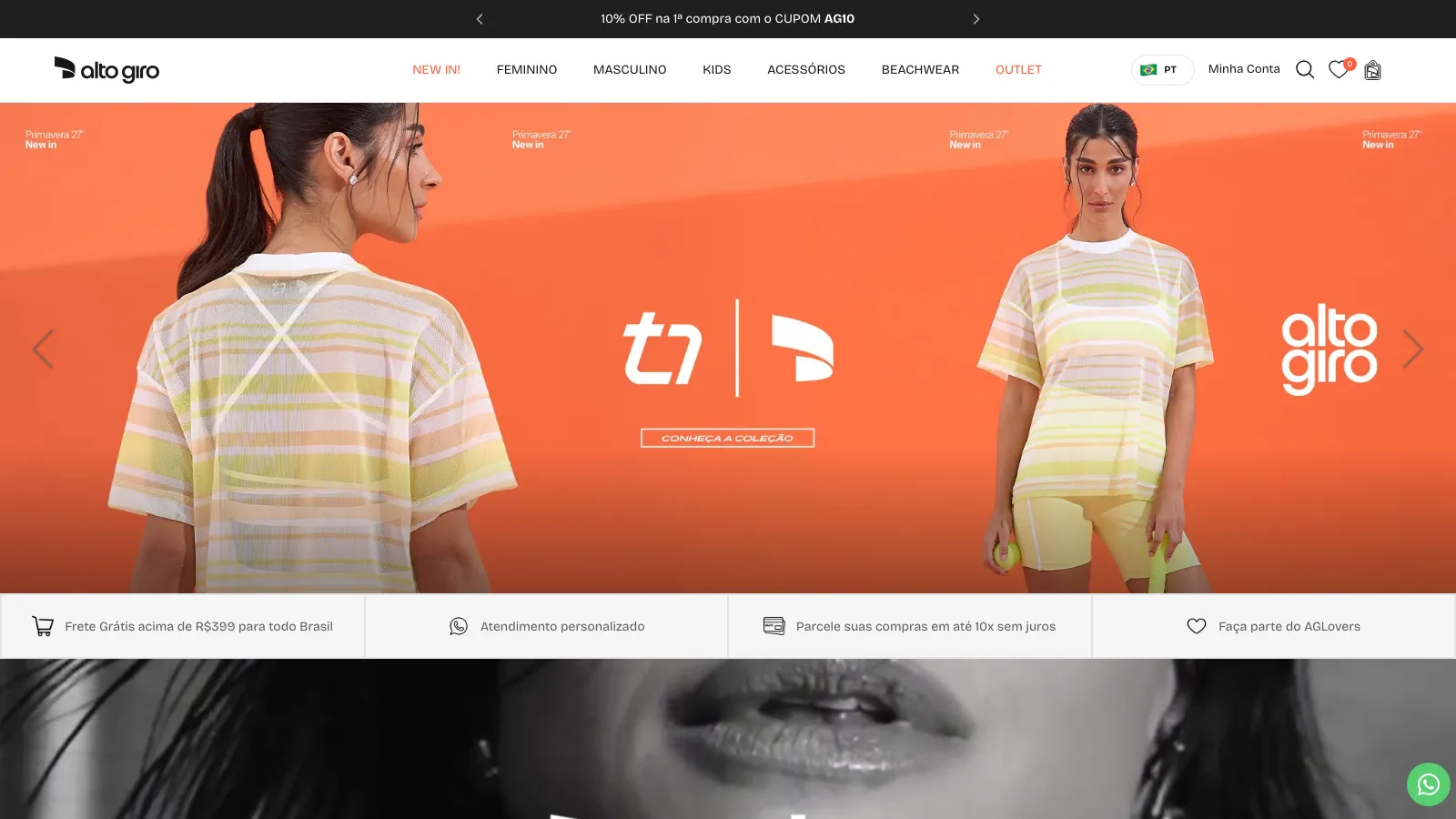 Página inicial da loja virtual da Alto Giro, marca de moda fitness, com banner da nova coleção e menu de categorias