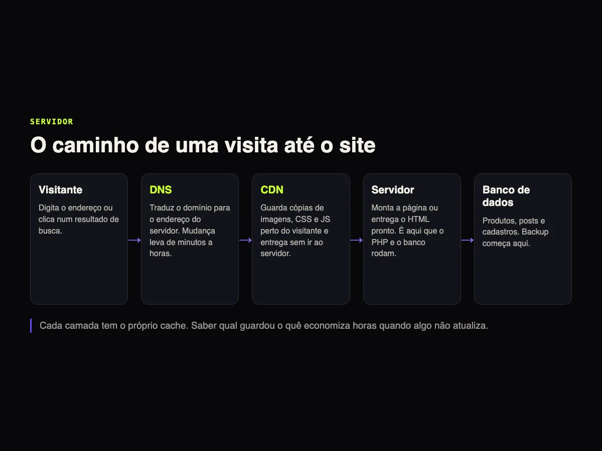 Diagrama do caminho de uma visita: visitante, DNS, CDN, servidor e banco de dados, com o papel de cada camada