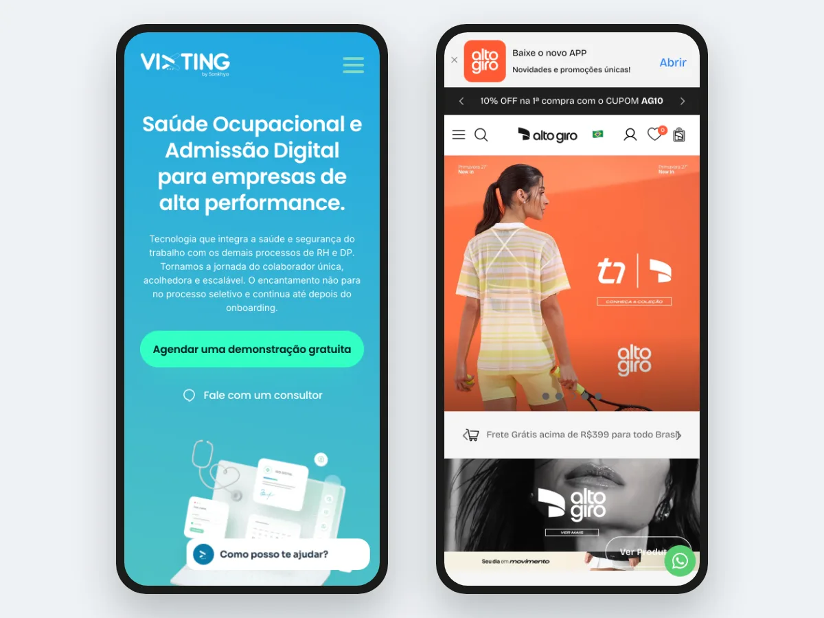 Dois celulares mostrando sites de clientes da GUSTA: à esquerda a Vixting, com saúde ocupacional e admissão digital, à direita a loja da Alto Giro