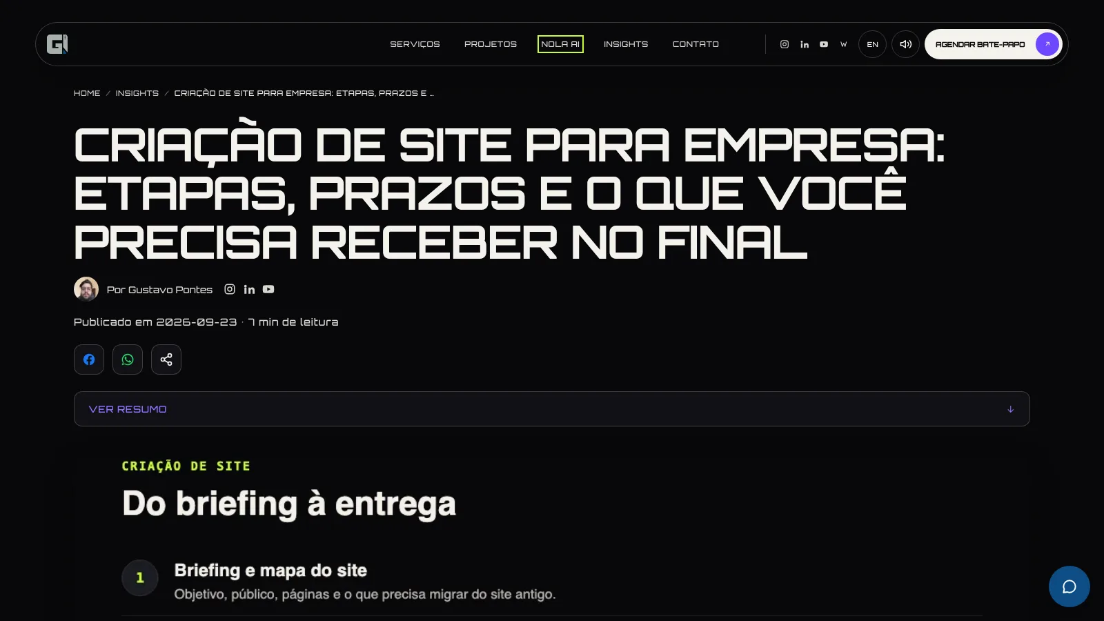 Página do blog do gusta.click navegada pelo teclado, com o item Nola AI do menu destacado por um contorno verde que mostra onde está o foco