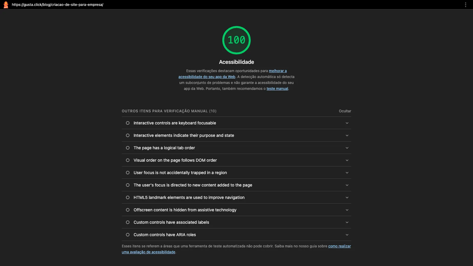 Relatório do Lighthouse de uma página do gusta.click com nota 100 em acessibilidade e, logo abaixo, uma lista de dez itens para verificação manual