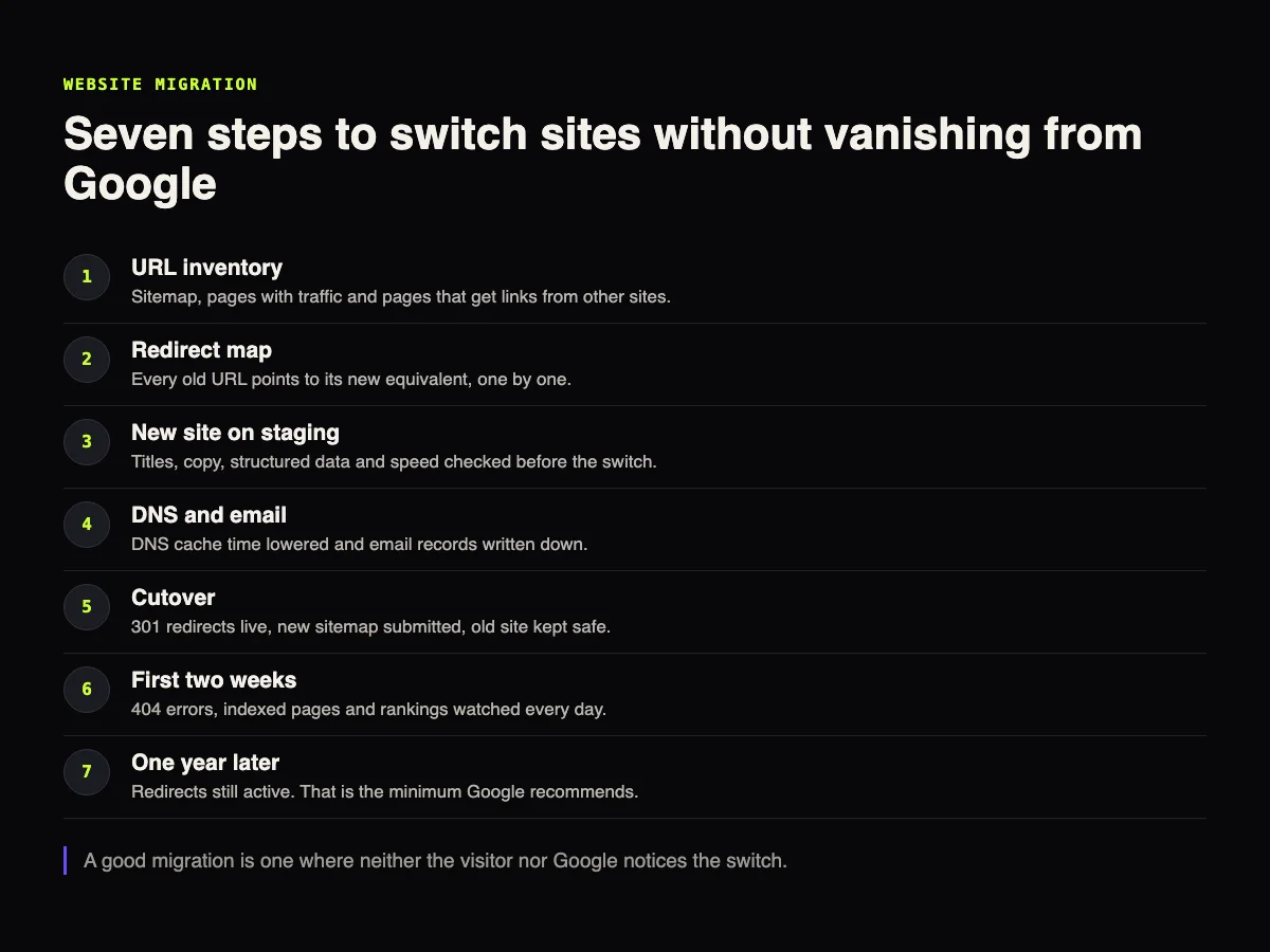 Timeline with seven steps of a website migration: inventory, redirect map, staging, DNS and email, cutover, first two weeks and one year later