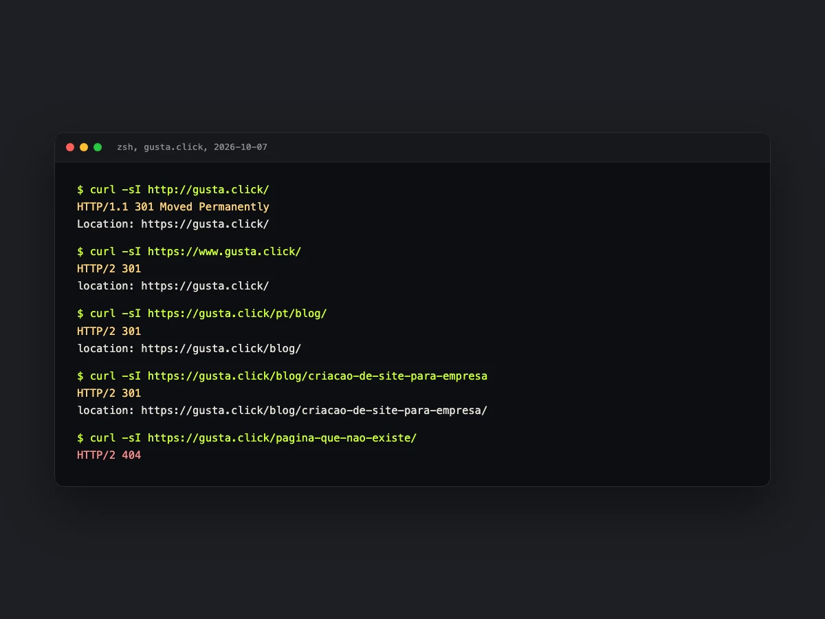 Terminal with five real responses from the gusta.click server: four single-hop 301 redirects and a 404 response for a page that doesn't exist