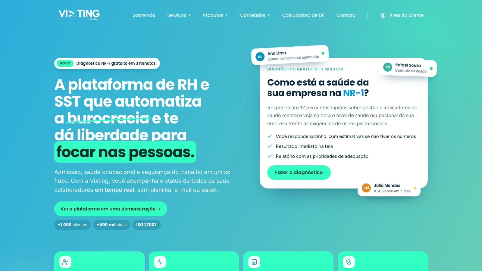 Página inicial da Vixting, cliente da GUSTA, com a chamada para a plataforma de RH e SST e um diagnóstico gratuito de NR-1 em destaque