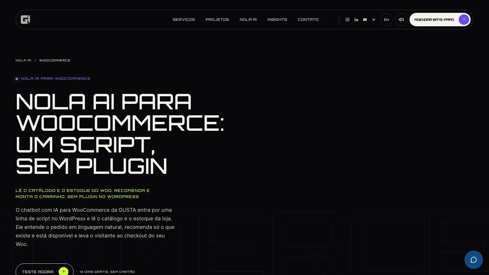 Página da Nola AI para WooCommerce no site da GUSTA, com o título Nola AI para WooCommerce: um script, sem plugin
